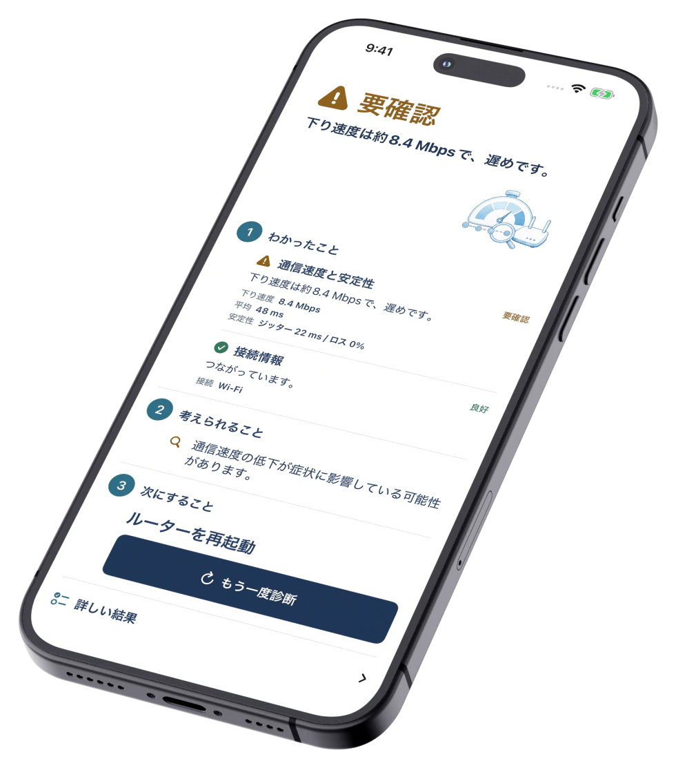 原因候補と次に試すことを示す診断結果画面